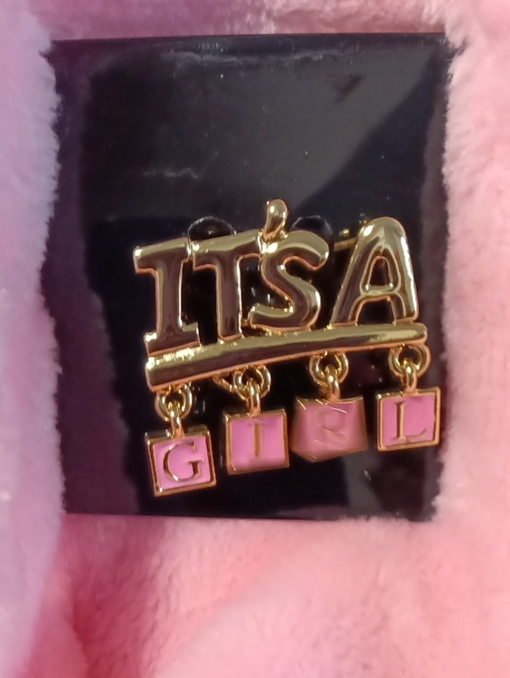 "It's A Girl" Gold Tone Baby Announcement Pin with Pink Accents